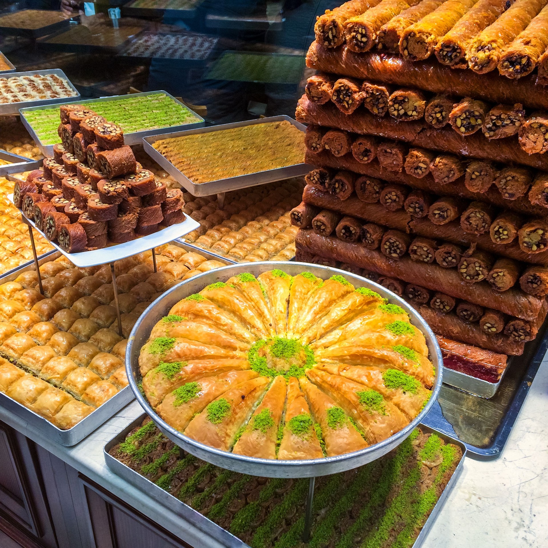 Turkish baklava in a cafe window display